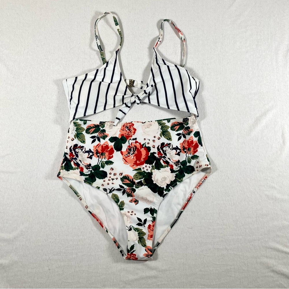 SHEIN XL Floral + Striped High Waisted Cutout One Piece Swimsuit